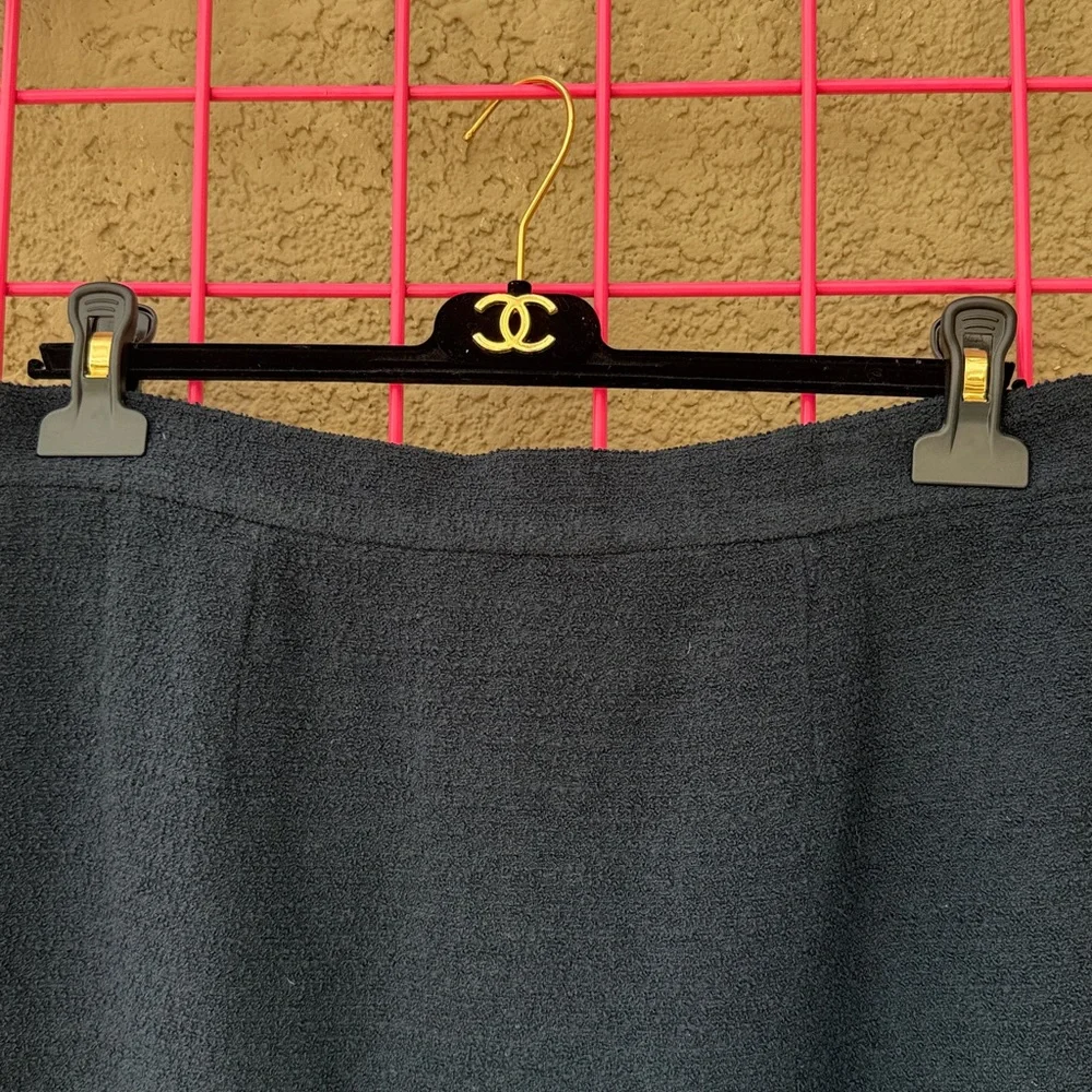 Vintage navy blue Chanel wool pencil skirt with original Chanel hanger